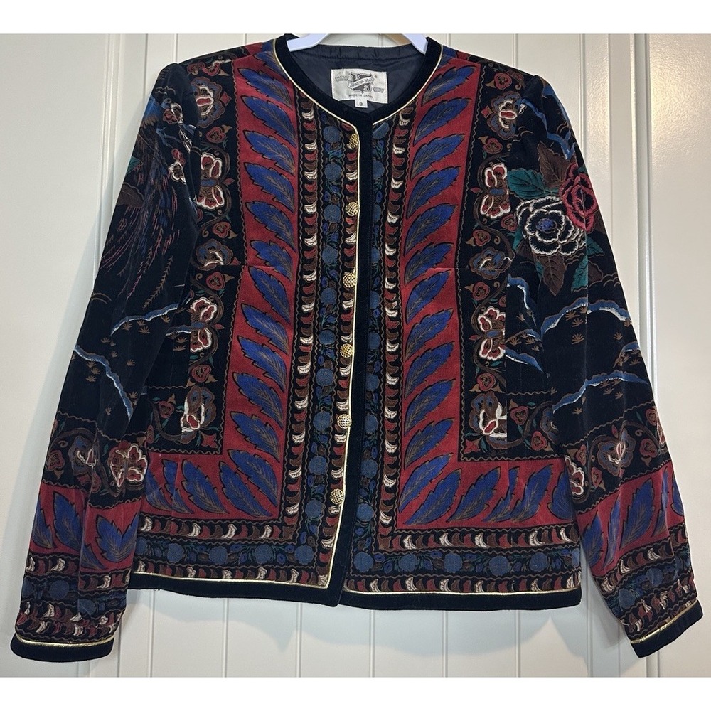 Vtg Saxton Hall‎ Multicolor Floral velour velvet Button Front Jacket Japan Sz 8